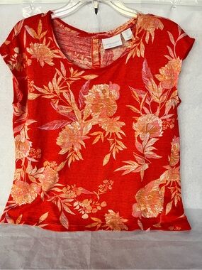Cynthia Rowley 100% Linen Orange Floral Round Neck Short Sleeve Top